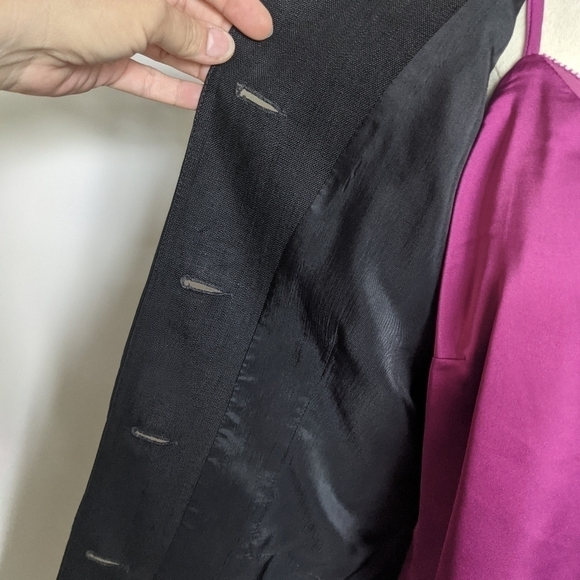 VINTAGE Black Linen Long Jacket wood buttons 8 - Picture 6 of 9